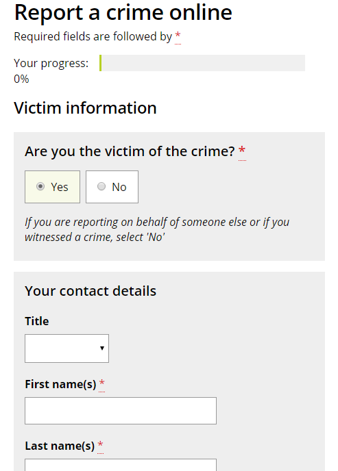 The top of the crime reporting form