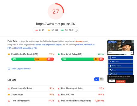 Screenshot of site speed test showing a score of 27 for the Met Police