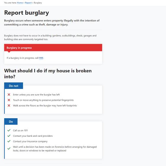 Screenshot of the new burglary page