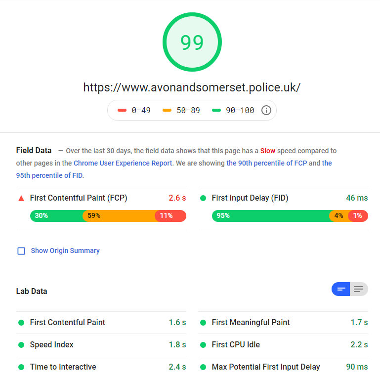 Screenshot of site speed test showing a score of 99 for Avon and Somerset Police site